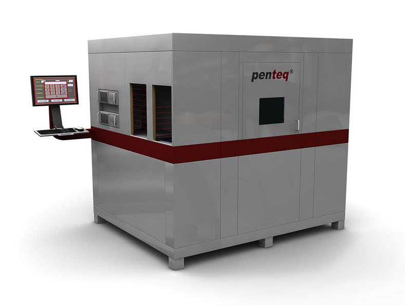 Sistema di marcatura laser per pezzi stampati con due posizioni di inserimento per il caricamento simultaneo.