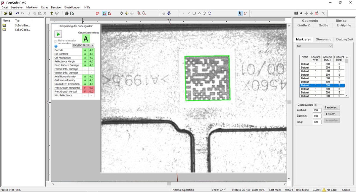 Screenshot ze systému zpracování obrazu PenVision pro laserové aplikace. 